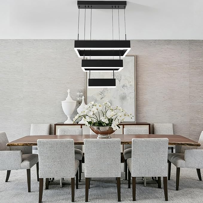 O'NEELDY Modern Chandelier 58W LED Black Pendant Light Embedded Mount Square Rings LED Chandeliers Dining Room Light Fixtures for Kitchen Bedroom, 6000K
