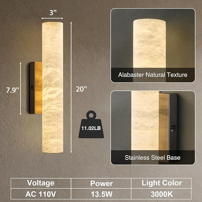 Alabaster Wall Sconces, 20" Brass Wall Sconce, Modern Bathroom Sconces Wall Lighting, Gold Wall Sconce, Spanish Natural Marble Sconce for Living Room, Bedroom, Stairs, Hallway