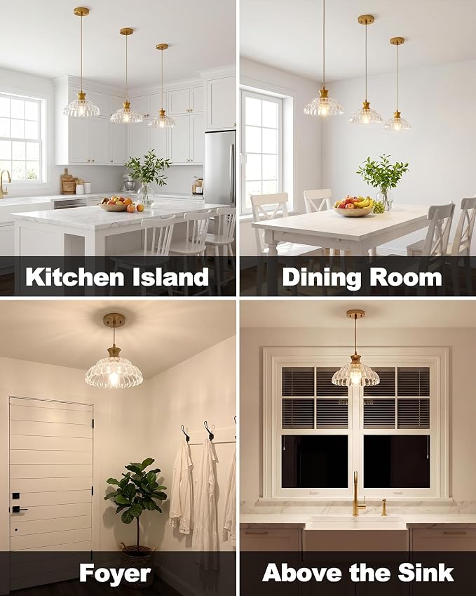 2Pack Glass Pendant Lights Kitchen Island, 11.8" Vintage Lighting Glass Light Fixtures Brushed Gold Modern Chandelier Hanging Ceiling for Dining Living Room Restaurant Bedroom Foyer