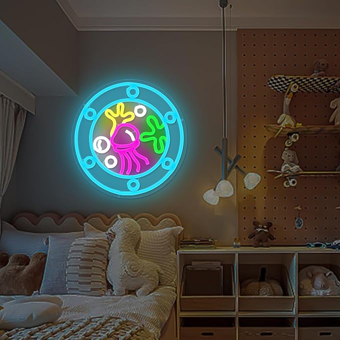 Ocean World Porthole Neon Sign Dimmable Led Under Sea Porthole Neon Light Sign Jellyfish Neon Room Sign Light Up Signs for Wall Decor Game Room Party Bedroom Decor Birthday Gift