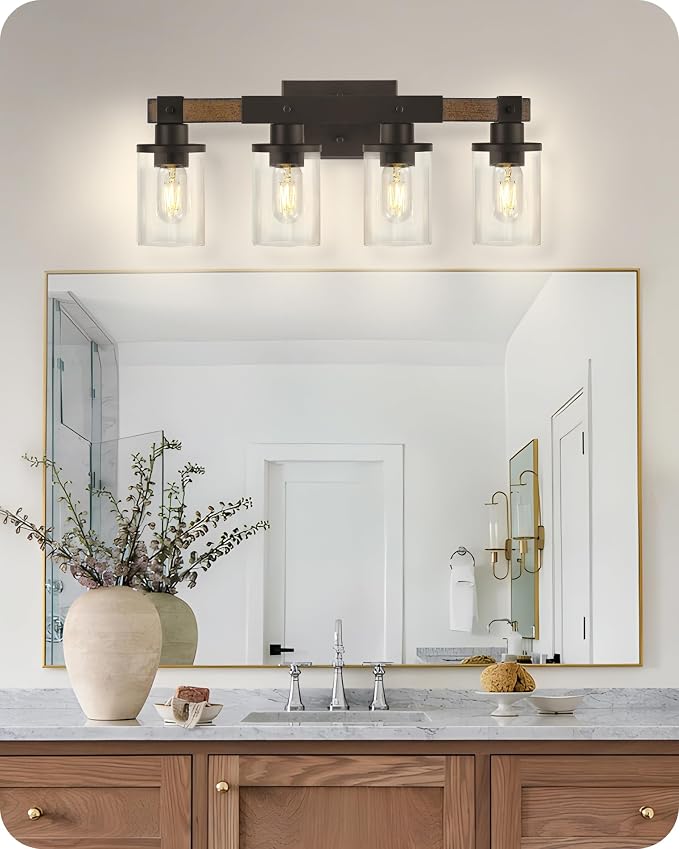4-Light Bathroom Light Fixture, Farmhouse Vanity Lights for Bathroom with Glass Shade, Rustic Bathroom Light Fixtures, E26 Base F09BD05
