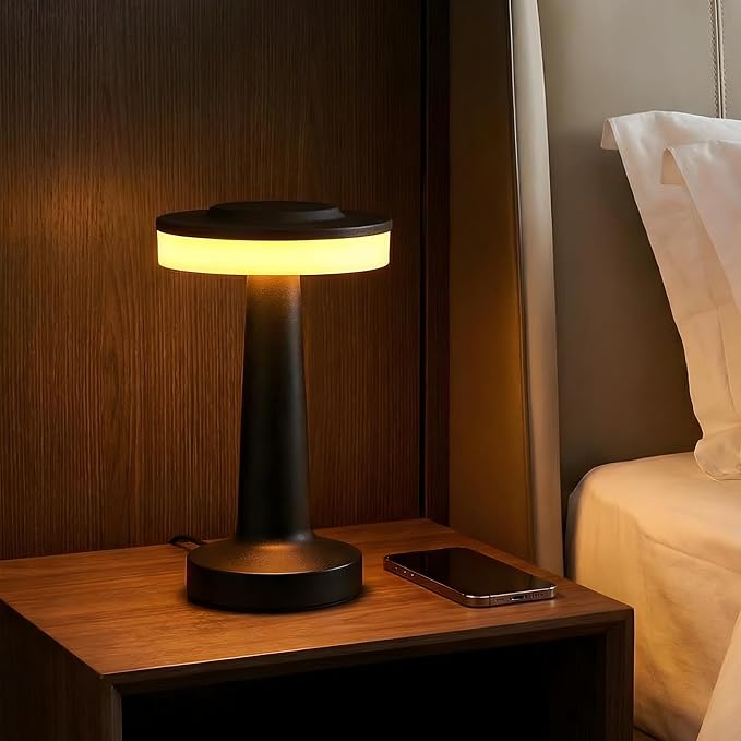 Riakrum 1 Pcs Black LED Portable Cordless Table Lamp Bulk with Touch Sensor 3 Color Stepless Dimming Rechargeable Battery up to 15 Hours Cordless Table Light Wireless Lamp Wedding Home