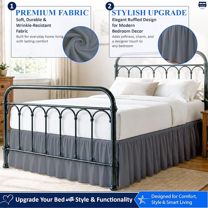 Cottingon Ruffled Bed Skirt with Split Corners-Dust Ruffle - 12" Drop 100% Microfiber Soft,Sheen & Luxurious Look - Bed Skirts (Dark Grey -Queen)