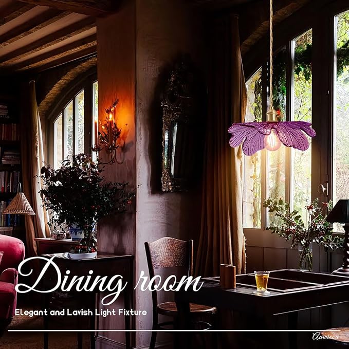Modern Pendant Light for Dining Room, Purple Glass Leaf Shade | Mid Century Pendant Lights For Ceiling, Brass E26 Base, Gold Hanging Lamp Adjustable Height Vintage kitchen island Lighting