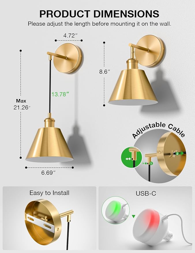 Brushed Gold Battery Operated Wall Sconce Set of 2, 5200mAh Dimmable Detachable Bulbs and Remote Wireless Rechargeable Wall Lights, 9 Colors Sconces Wall Decor for Bedroom Living Room Hallway