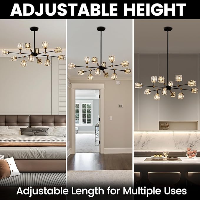 12-Light Black Crystal Chandelier Modern Sputnik Chandeliers for Dining Room Adjustable Height Sputnik Ceiling Light Fixture for Living Room Kitchen Island Bedroom