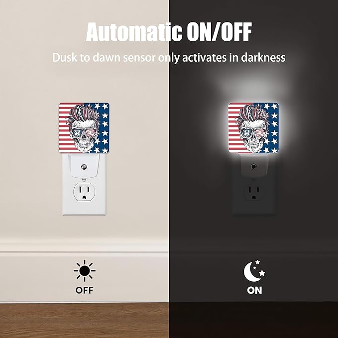Abstract USA Flag Night Light, Hippe Skull Plug into Wall with Dusk to Dawn Light Sensors, Warm Nightlights for Bedroom, Bathroom, Hallway, Kitchen, Gifts Ideal for Boys Girls Women Men
