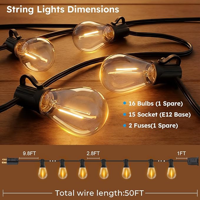GvvooHome LED Outdoor String Lights, 50FT Waterproof Patio Lights with 16 Shatterproof S11 Plastic Bulbs, 2700K Warm White Edison Hanging Lights for Backyard, Garden, Porch, Bistro