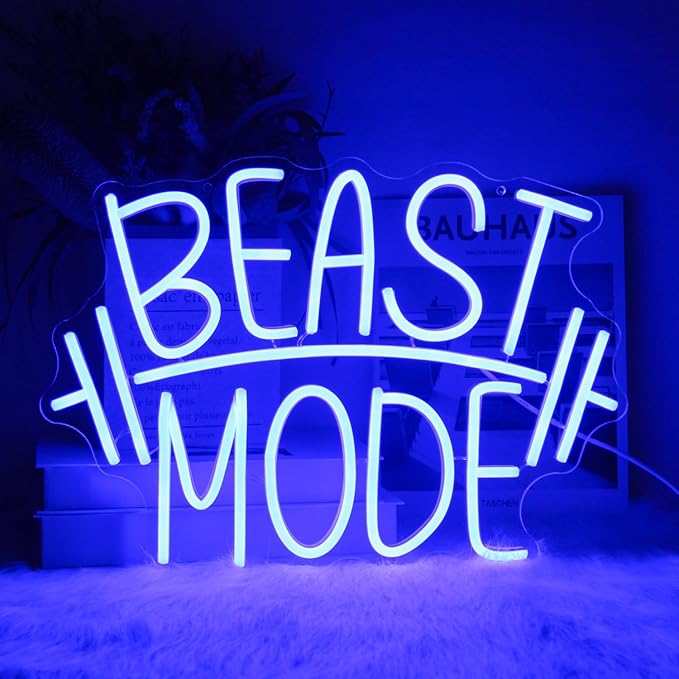 Beast Mode Neon Sign Blue Letter Neon Gym Signs Motivational Wall Art Gym Decor Barbell LED Neon Lights Signs Dumbbell Neon Light for Bedroom Gym Sports Room Man Cave Decor