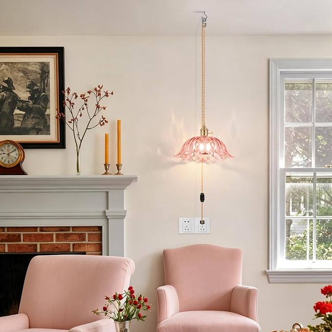 Plug in Pendant Light Fixtures,Hanging Light Fixture Corded On/Off Switch,10.6in E26 Pink Glass Lampshade Pendant Lighting for Kitchen Island, Bedroom, Dining Room