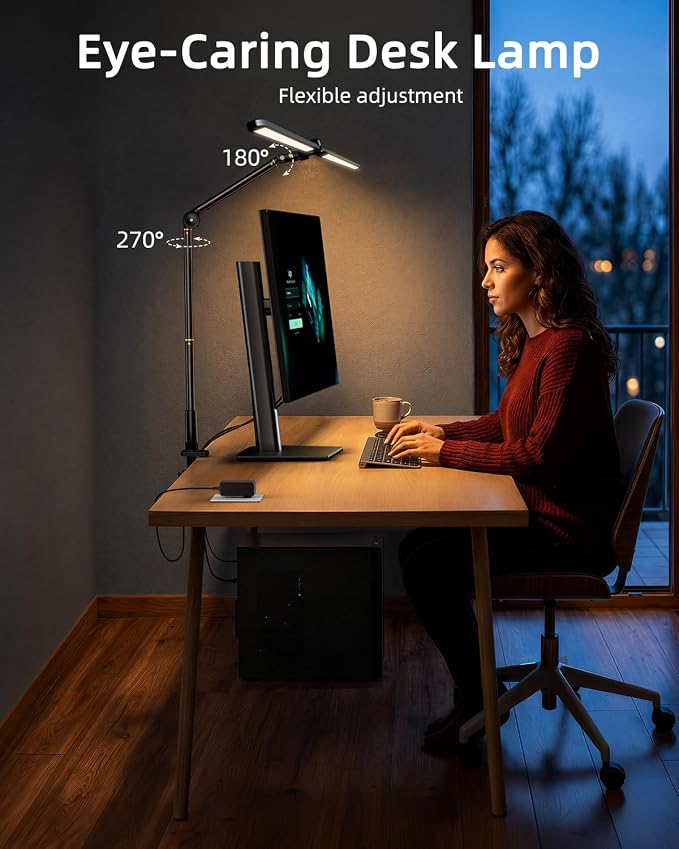 Ring Light with Stand, Sensor Switch Dual Light Head | Desk Lamps for Home Office 270° Rotatable & Extendable Aluminum Alloy Arm, Eye-Caring, 24W Dimmable Desk Light with Clamp