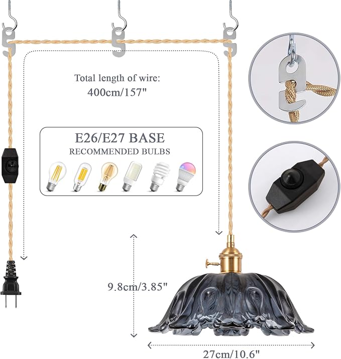 Plug in Pendant Light Fixtures,Hanging Light Fixture Corded On/Off Switch,10.6in E26 Blue Glass Lampshade Pendant Lighting for Kitchen Island, Bedroom, Dining Room