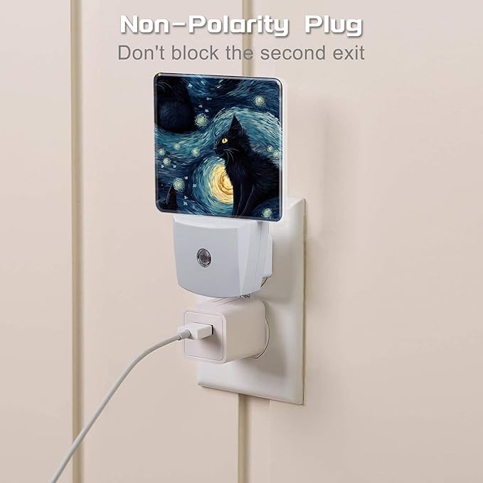 Starry Night Black Cat Night Light Plug into Wall, Abstract Oil Painting Cat Dusk to Dawn Night Light Plug in,0.5w Energy Saving Sleep Friendly NightLight for Kids Boys Girls Home Decor