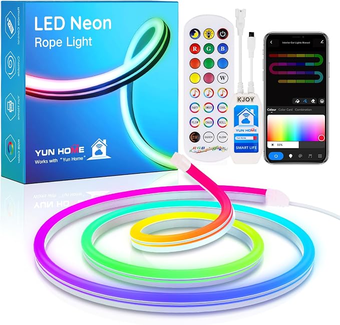 KJOY LED Strip Neon Flexible Rope Light, 11FT/3.5M RGB Neon Rope Lights with App & Remote Control, 12V Cuttable Silicone DIY Creative Rope Lighting Flex Rope for Bedroom Dormitory Kids Room Decor