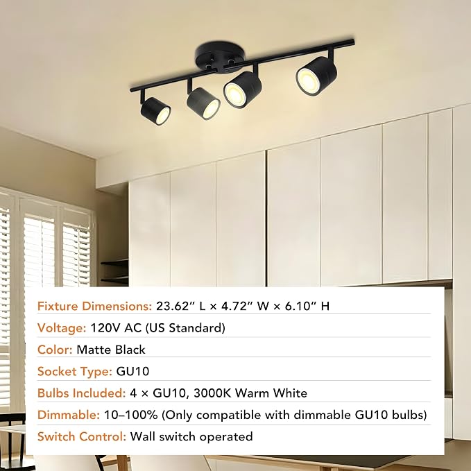 23.62 Inch 4-Light Matte Black Track Lighting Fixture, Rotatable Adjustable GU10 LED Ceiling Spotlight, Dimmable Warm White Indoor Light for Gallery Kitchen Bedroom Retail Store