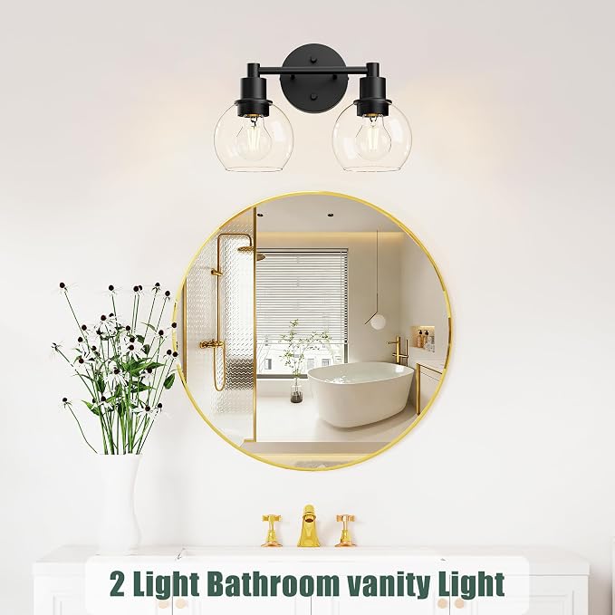 2 Light Bathroom Light Fixtures Black Vanity Lights, Farmhouse Bathroom Vanity Lights 2-Light Matte Black Globe Bathroom Vanity Lighting Fixture Over Mirror