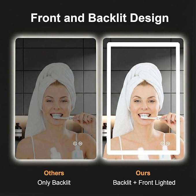 LED Bathroom Mirror with Lights, 24 x 36 Lighted Vanity Wall Mirror | Backlit and Frontlit, Anti-Fog, Dimmable 3 Colors, Shatter-Proof Tempered Glass, Memory Function, Plug-in/Hardwired