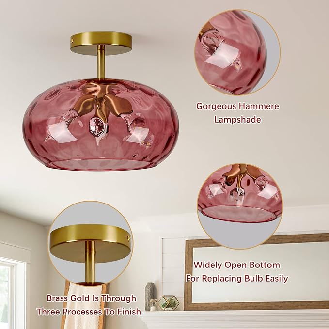 Vintage Semi Flush Mount Ceiling Light ,12″ Art Deco Red Hammered Glass | Gold,Mid Century,Whimsical,MCM,Unique Cute Retro Light Fixtures for Girls Bedroom,Entryway Laundry Room Kitchen Closet Foyer