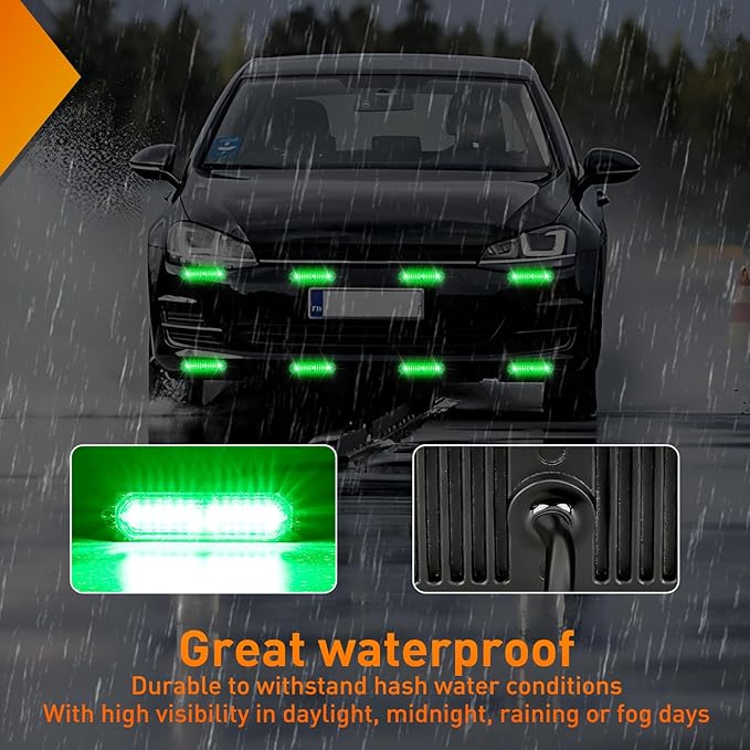 Nilight 8PCS Led Strobe Lights 12LED Green Emergency Light 12V 24V Surface Mount Flashing Warning Hazard Beacon Ultra Slim Sync Feature Mini Grille for Cars Trucks Off Road Vehicles SUV