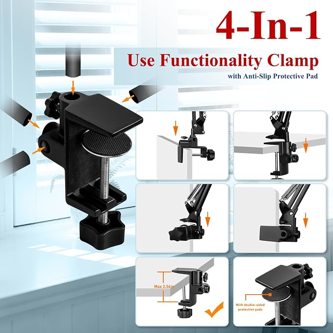 12X 30X Square Magnifying Glass with Light and Clamp | 3-Section Swing Arm Workbench Magnifier Light, 5 Colors Stepless Dimming LED Desk Lamp with Stand for Painting Reading Crafts