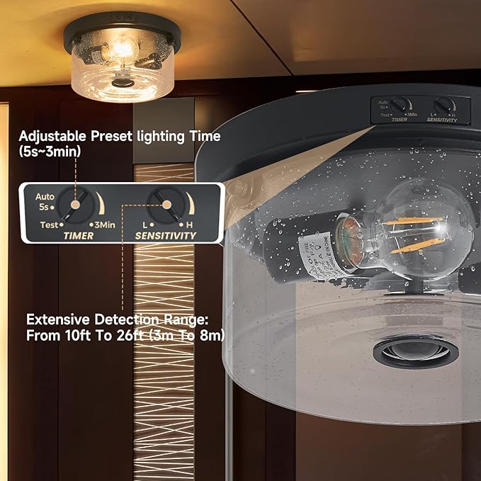Yisuro Motion Sensor Outdoor Ceiling Light, Flush Mount Porch Exterior Ceiling Light Fixture 3 Modes Squares for Patio,Porch,Garage (Black-Round)