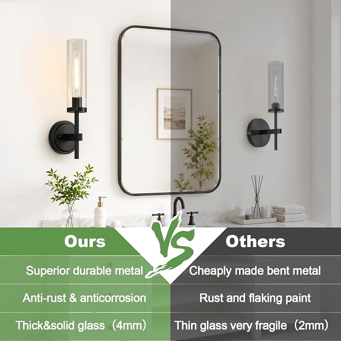 MOKATNG Hardwired Wall Sconces, Matte Black Bathroom Sconces with Clear Glass, Modern Wall Light Fixtures for Bathroom Mirror Vanity, Living Room, Bedroom, Hallway, Stairway, Cabinet, Foyer