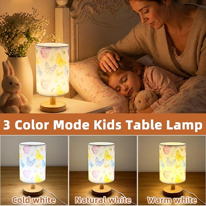 Butterfly Kids Table Lamp for Bedroom Girls Bedside Lamps,Butterfly Birthday Gifts for Girl,3 Colors Dimmable Nightstand Night Light with Cartoon Lampshade Desk Lamp for Girls Boys Room Nursery Decor