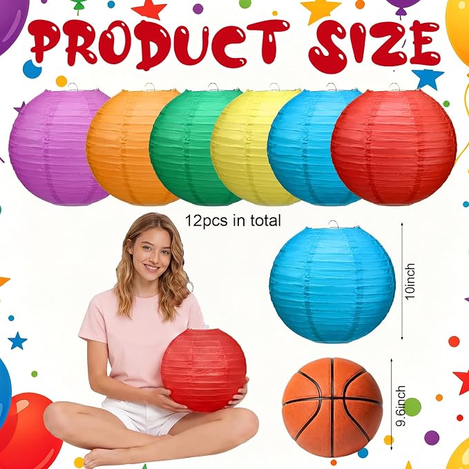 12 Pcs 10 Inch Hanging Paper Lanterns Party Decorations Colorful Rainbow Classroom Decor for Birthday Back to School Party Decoration for Classrooms Wedding Birthday Ceilings