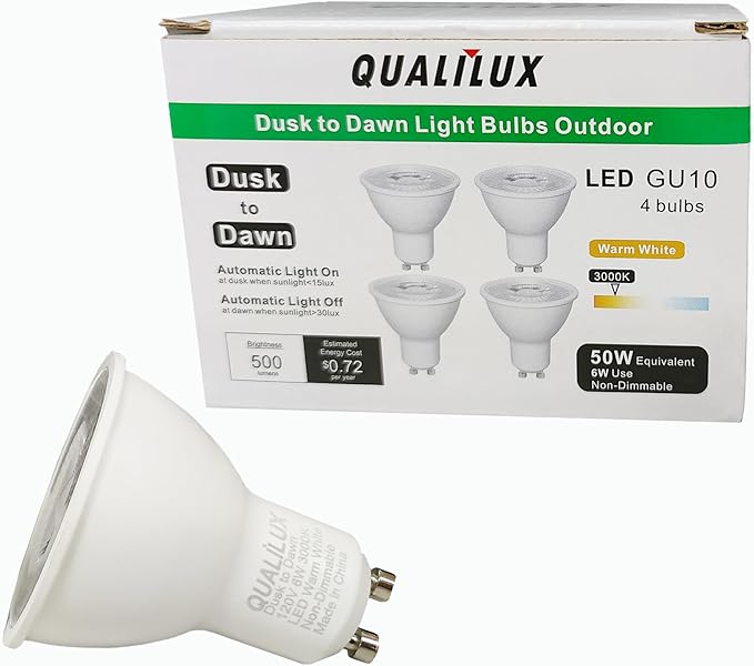 Qualilux MR16 GU10 Dusk to Dawn Light Bulbs, Warm White 3000K, 50W Equivalent, 500LM, Auto On/Off Light Sensor Bulb, Non-dimmable, LED 6W 4 Pack, HQ-H044