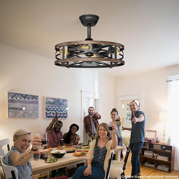 20in Caged Ceiling Fan with Lights, Low Profile Ceiling Fan, Small Rustic Industrial Farmhouse Ceiling Fans with Lights,Reversible Flush Mount Fandaliers Fan Light Ceiling Fixture for Bedroom Kitchen