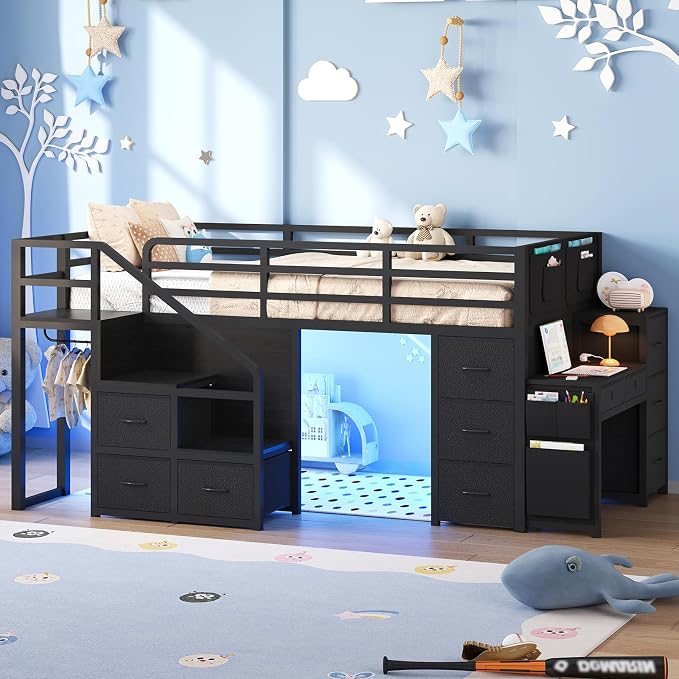 Twin Loft Bed with Desk, RGB Lights & Under Bed Play Fort, Black | 11 Storage Drawers, Clothes Rack, Pockets, Wide Step Stairs, 11.8''H Safety Guardrail, Built-in Charging Station