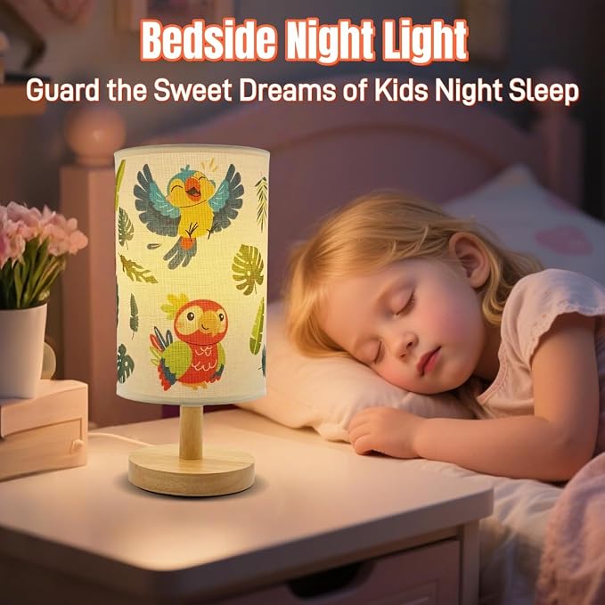 Bird Kids Table Lamp for Bedroom,Kids Bedside Lamps 3 Colors Wooden Base Nightstand Night Light with Cartoon Flaxen Fabric Shade Desk Lamp for Girls Boys Room Nursery Decor,Birds Gifts for Boys Girls