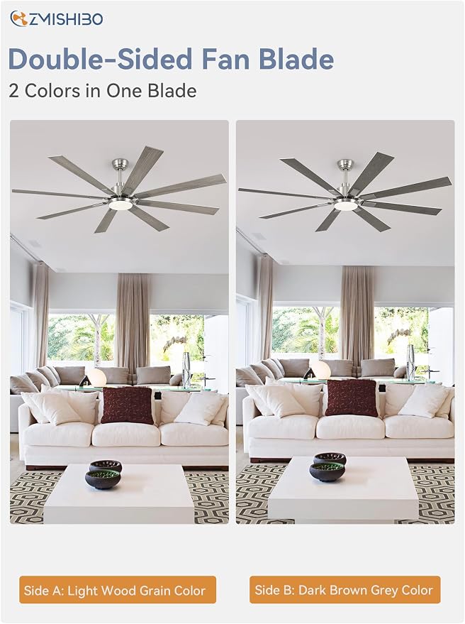 ZMISHIBO 72” Modern Ceiling Fan with Light, Remote Control, Brushed Nickel | High CFM Powerful Airflow, Quiet DC Motor, 24W 3 CCT LED, Indoor/Covered Outdoor, Dual-Finish, Damp Rated