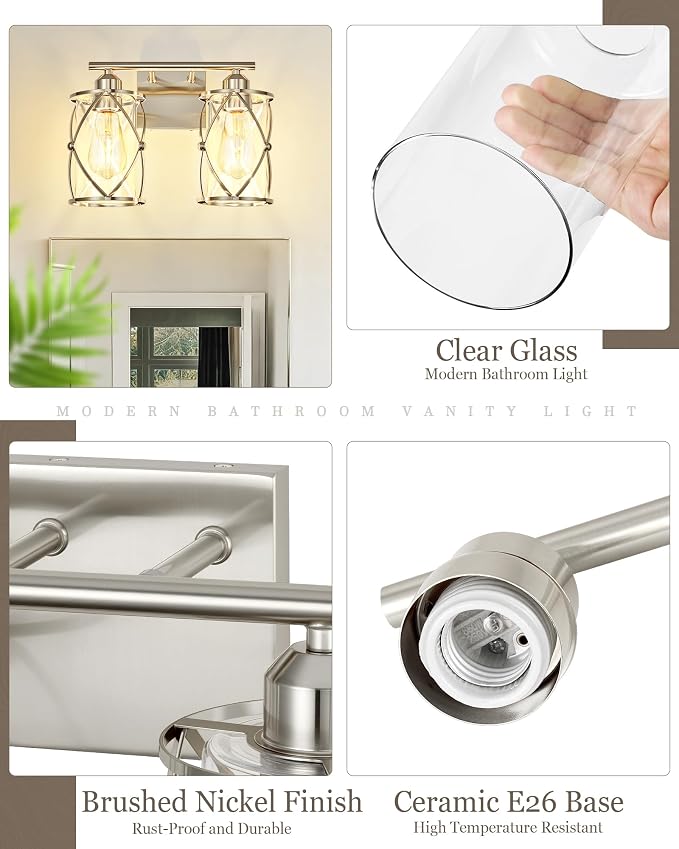 2-Light Brushed Nickel Bathroom Light Fixtures, 13.8 Inch Modern Bathroom Vanity Lighting Fixtures Over Mirror with Clear Glass and Metal Cage Wall Sconce Lights for Bath, E26, CH9176BN-2W