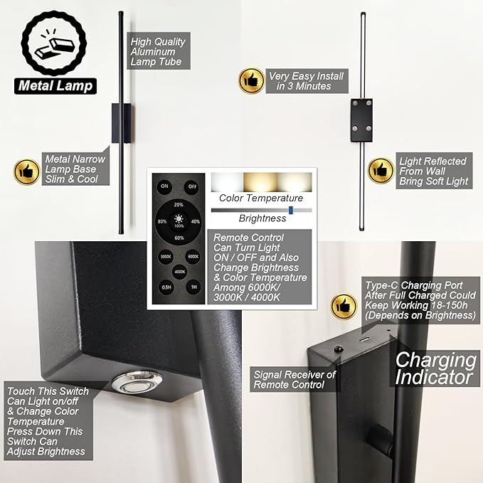 Peel and Stick on Battery Operated Wall Sconces Set of 2 | Easy Install No Drilling Sconces, Wireless Rechargeable Adhesive Wall Lights for Pictures, Living Room, Bedroom (28.3'')