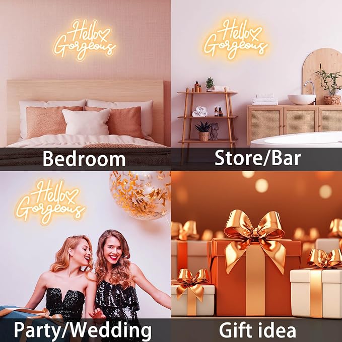 Hello Gorgeous Neon Signs for Wall Decor with Heart, Warm White Gorgeous LED Sign Lights for Bedroom Dorm Salon Wedding Party, 16"x12" Preppy Cute Room Decor Woman Cave - 100,000H Lifespan