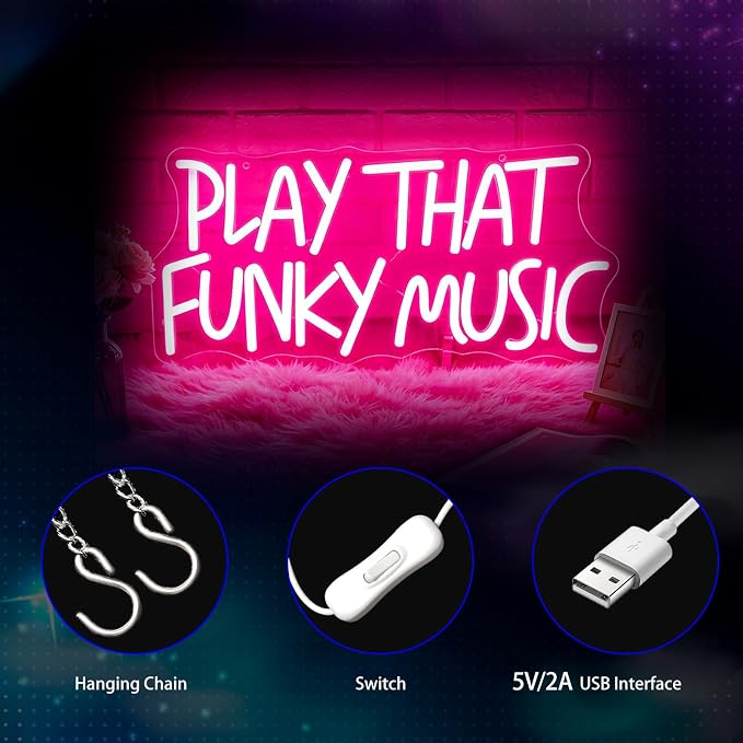 Neon Sign, Music Neon Signs for Wall Decor LED Signs Neon Light | Play That Funky Music Neon Sign for Music Studio, Classroom, Bedroom, Club, Party, Bar, Pink Decor, Gift, USB Powered