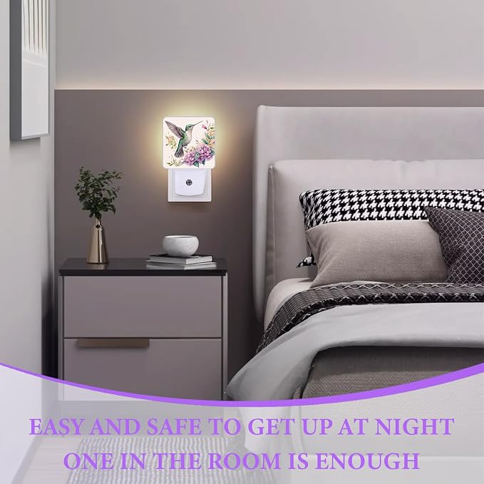 Groovy Hummingbirds Night Light,Flowers Plug-in Night Lights with Dusk-to-Dawn Sensor for Bedroom,Bathroom and Living Room Sleep Friendly lamp 0.5w