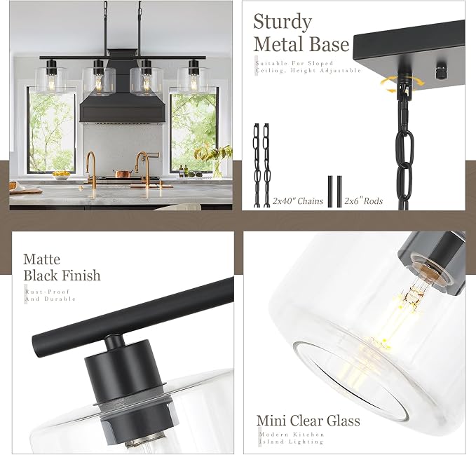 4-Light Kitchen Island Lighting, Modern Black Linear Dining Room Chandelier Light Fixtures with Clear Glass and Chain, Farmhouse Hanging Lights for Kitchen Island Dining Room, OS-YQ8153-4ISBKC