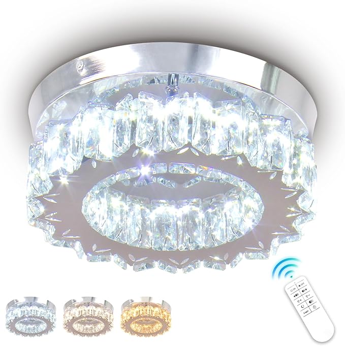 Dimmable LED Ceiling Light with Remote Flush Mount Mini Round LED Crystal Chandeliers Modern Flush Mount Ceiling Light Fixture Hallway Light Bedroom Bathroom Kitchen Office