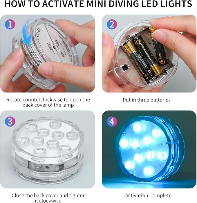 Submersible Lights - 4-Pack Battery-Powered Waterproof IP68 LED Lights with Remote Control for Pools, Ponds, Hot Tubs, Aquariums, Yacht, Boat, Parties & Decorations