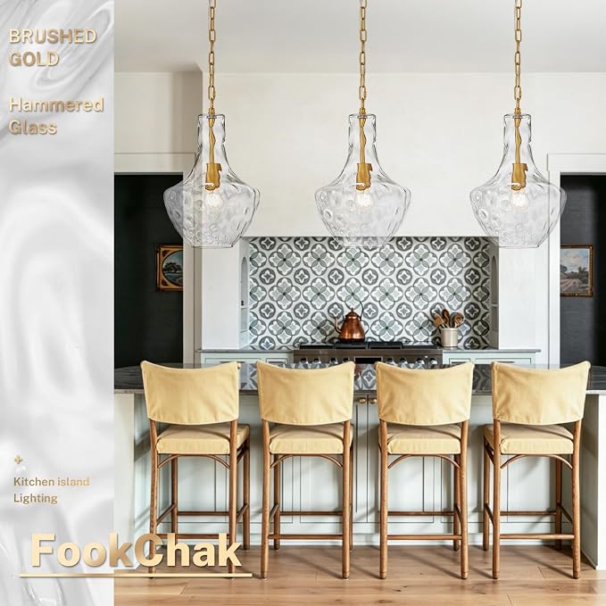 Hammered Glass Pendant Light Gold Kitchen Island Light Large Glass Pendant Lights Over Sink Brass Hand-Blown Glass Hanging Light for Kitchen Dining Room Hallway Entrance