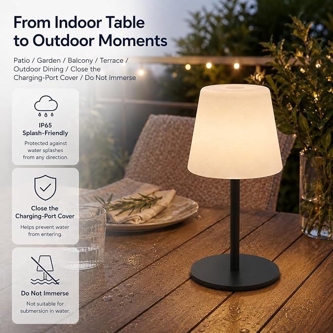 IP65 Waterproof Shower Lamp, Cordless Rechargeable Table Lamp, Black | Bathroom To Bedside Glow, Touch-Dim Comfort, 4000mAh USB-C Ease, 12-24H Light, 3 Light Moods, 2-Height Fit