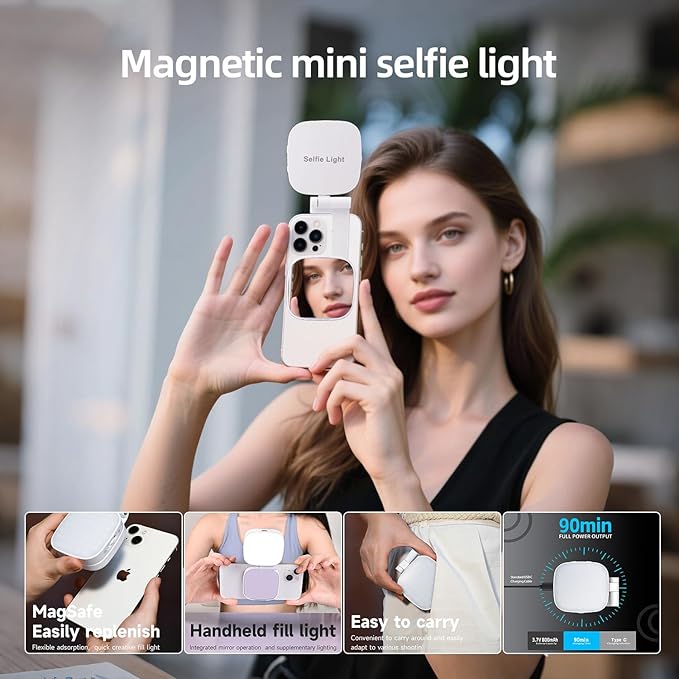 Magnetic Selfie Light Compatible for MagSafe iPhone, CRI 95+ 700lx/0.3m Folding LED Phone Fill Ring Lighting with Full Mirror for Zoom Makeup Photography Recording Video Conference TikTok (M27-White)