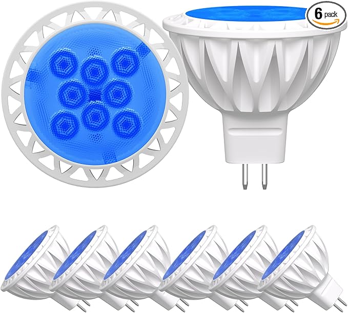 6-Pack MR16 Blue LED Bulbs-Aquatic 5W 50W Halogen GU5.3 12V 38° Spot for Water Features, Moonlight, Parties & Indoor Ambiance