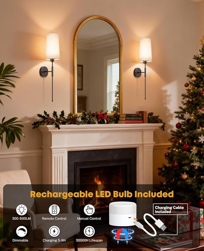 Battery Operated Wall Sconce Set of 2, 13000mAh Rechargeable Battery Powered Sconces with Remote Dimmable Fabric Shade Wireless Sconces Fixture for Bedroom Living Room