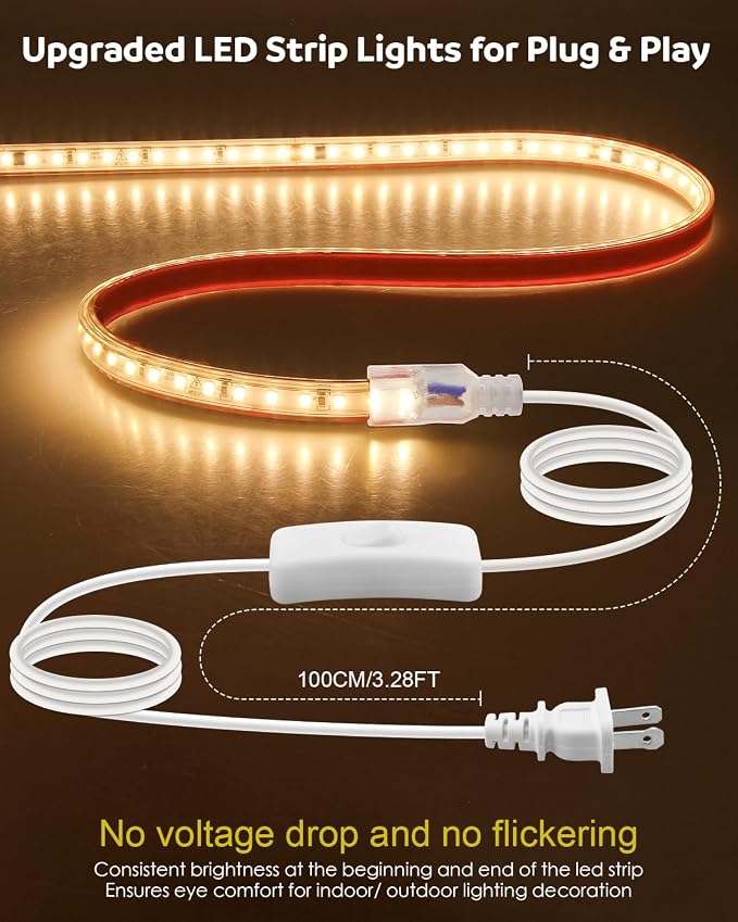 Aclorol LED Strip Lights Outdoor Waterproof 16.4FT 110V Warm White 3000K | LED Rope Light Strip Plug in, with Self-Adhesive for Bedroom Outside Garden Patio Indoor Outdoor Backyards Decor, 120LEDs/m