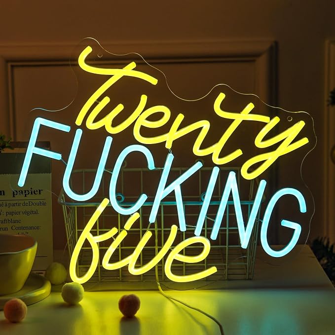 Twenty Fucking Five Neon Light Sign Blue Yellow 25 Years Old LED Celebrate 50th Men and Women Birthday Party Happy Twenty Five Best Age New Young Life for Party Wall Decor