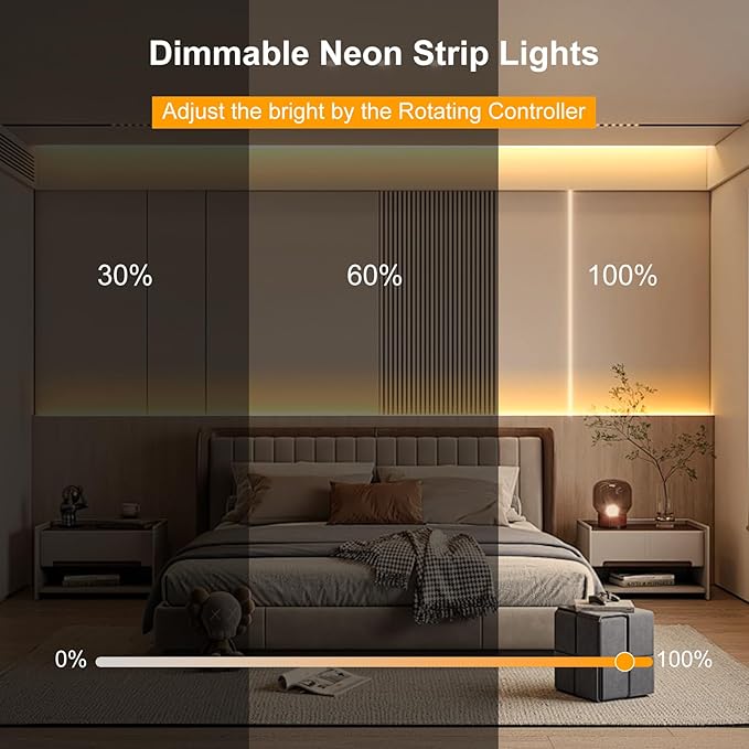 DBFAIRY 33Ft LED Neon Rope Lights, 24V Dimmable LED Strip Lights DIY Flexible Silicone Waterproof Neon Strip Lights for Bedroom Gaming Bedroom Outdoor Decor (Warm White)