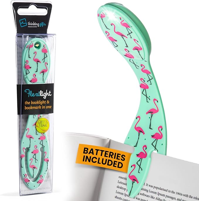Gifts for Readers & Writers Book Light, Clip On Reading Light for Bed, 2in1 Flexilight & Bookmark, Small & Lightweight with a Soft Glow, 2 Batteries Included, Flamingo